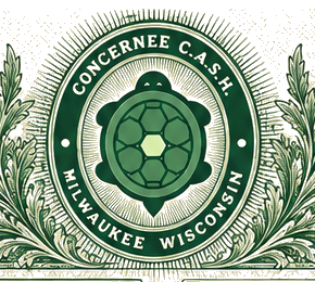 Concernee C.A.S.H. seal: a turtle inside an engraved medallion reading Milwaukee, Wisconsin