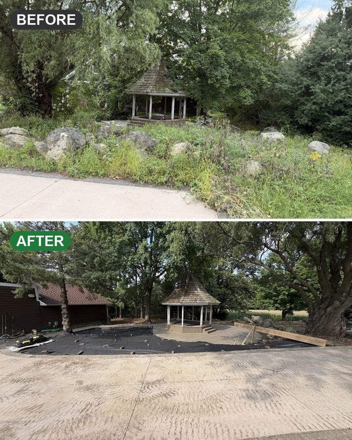 Overgrown backyard with a gazebo, then cleared down to clean ground